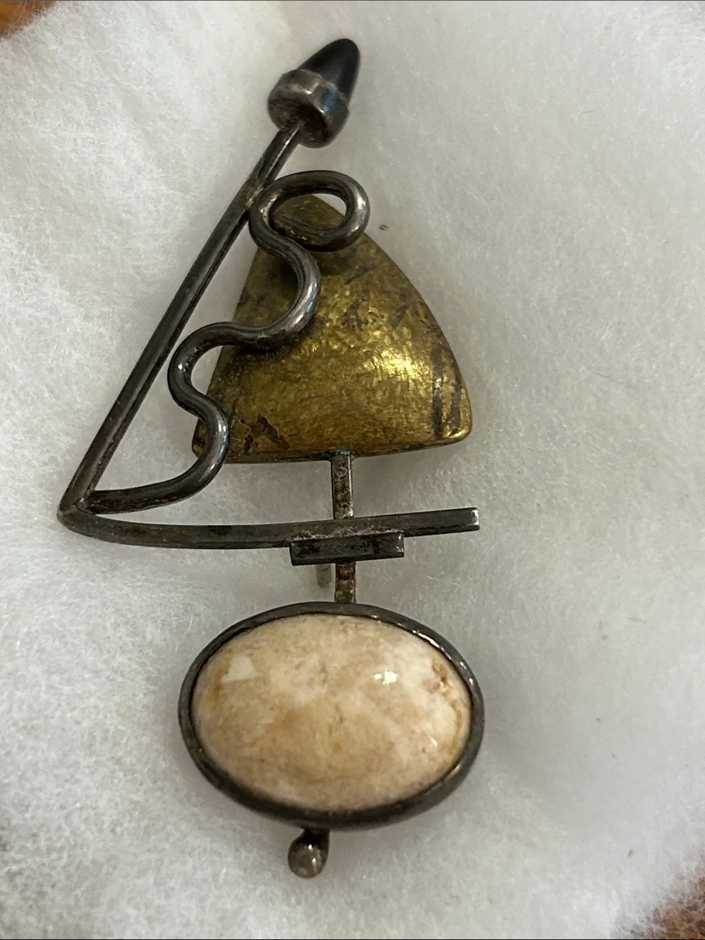 Mixed-Metal Tie Tack with Agatized Coral Cabochon